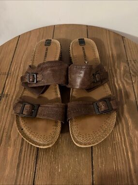 Merrell Women's Brown Leather Double-Buckle Slide Sandals